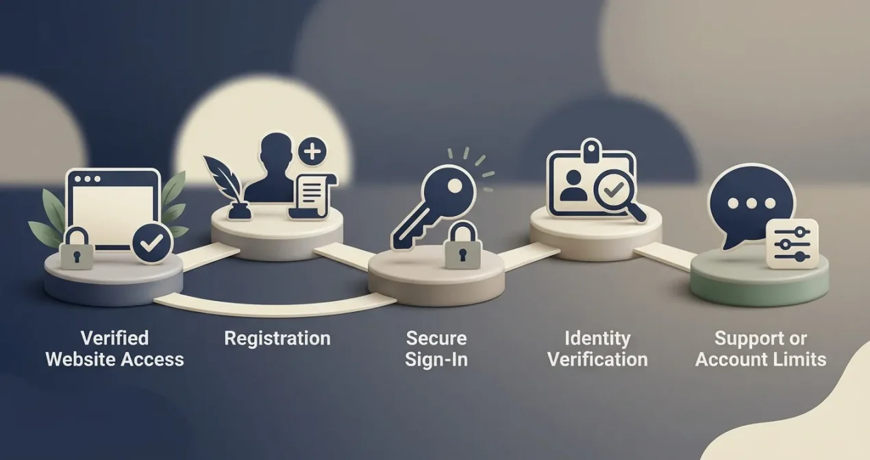 Editorial diagram of an online casino account journey from official domain to registration, secure sign-in, verification, support and limits