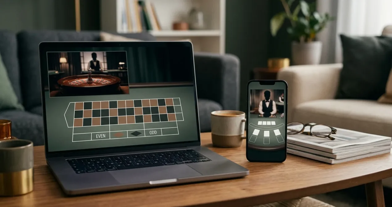 Editorial illustration of generic live casino tables displayed on a laptop and phone