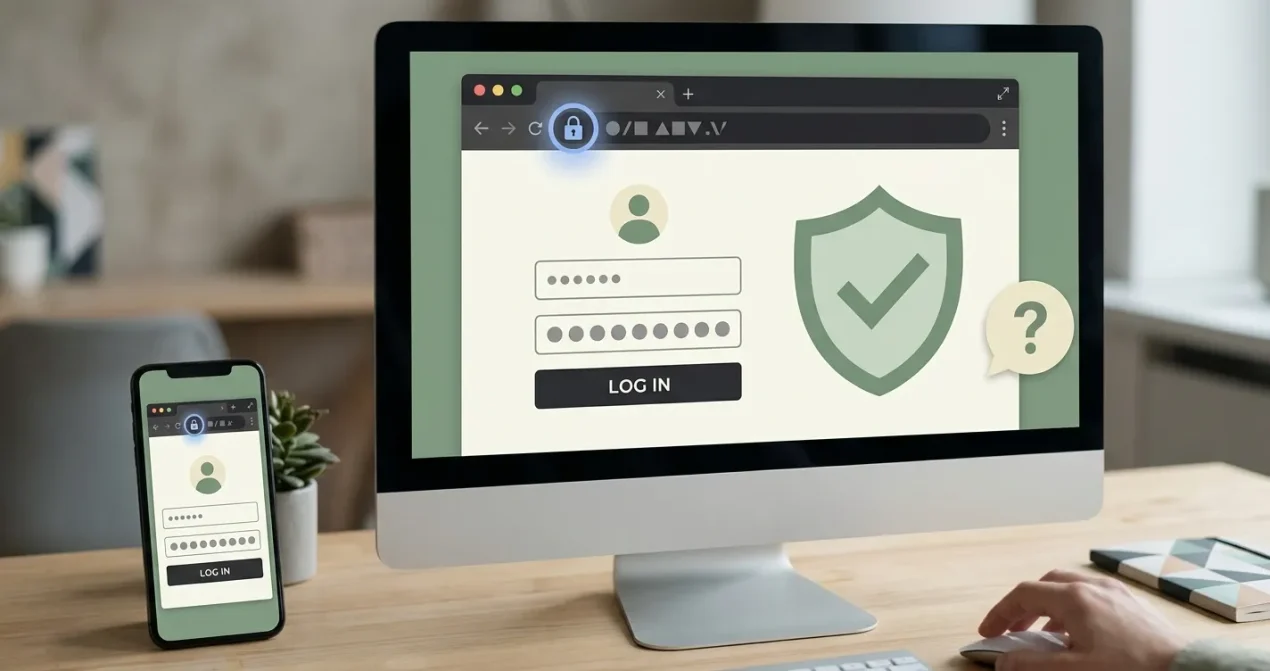 Editorial illustration of safe browser sign-in using a verified website, secure credentials and support