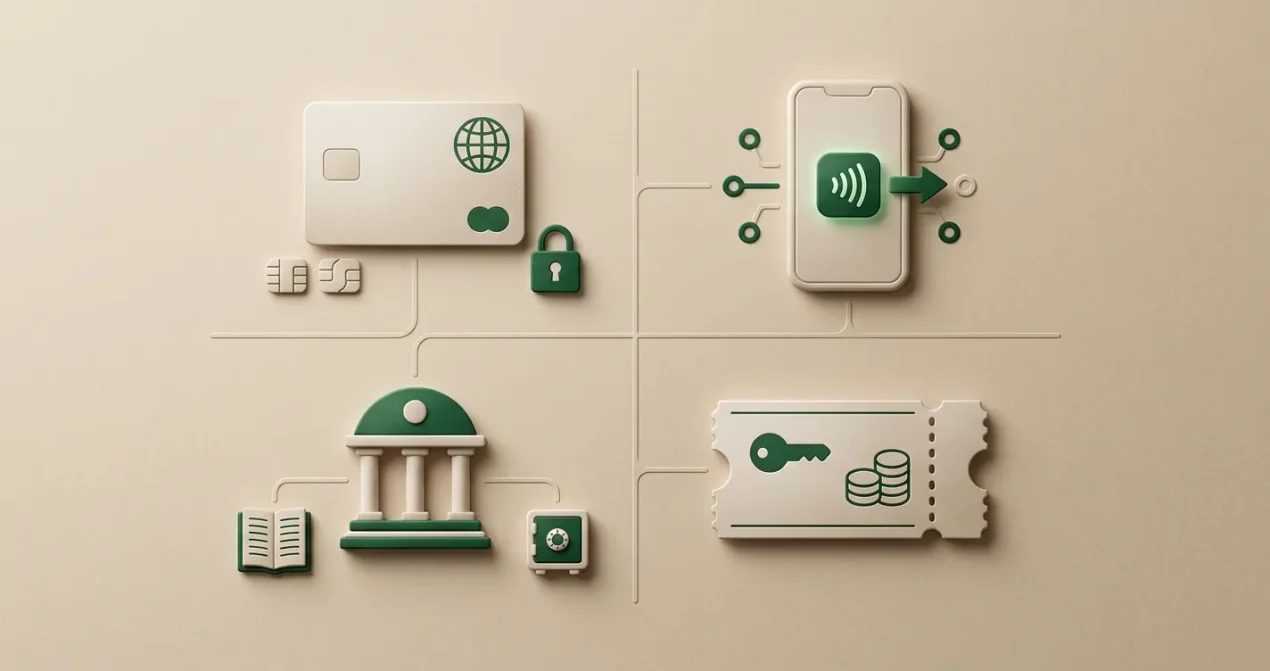 Editorial illustration of debit card, e-wallet, bank and prepaid payment routes