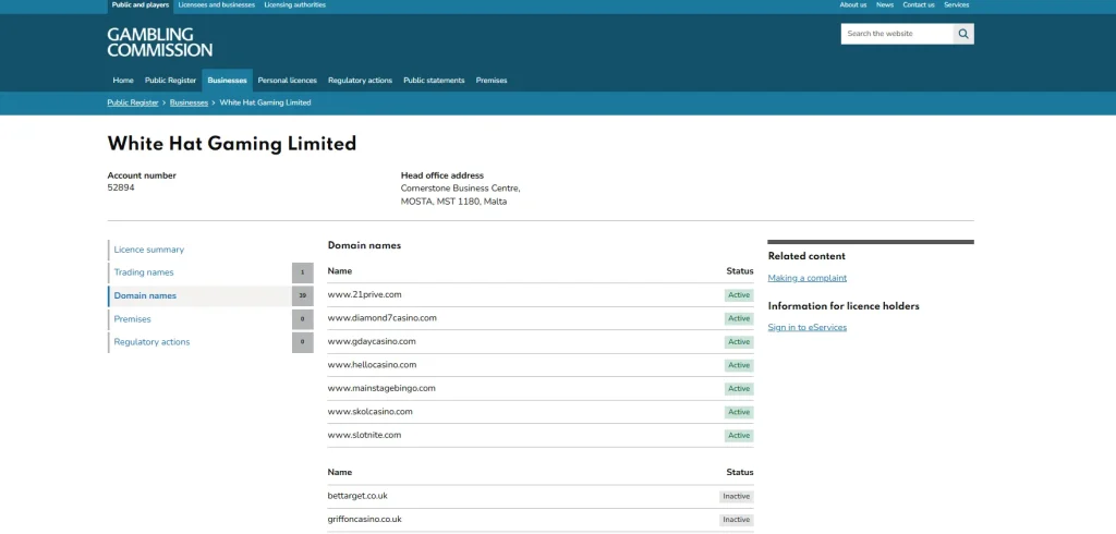 Gambling Commission domain register for White Hat Gaming showing Active, White Label and Inactive categories