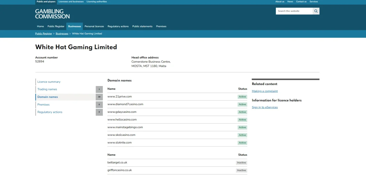 Gambling Commission domain register for White Hat Gaming showing Active, White Label and Inactive categories