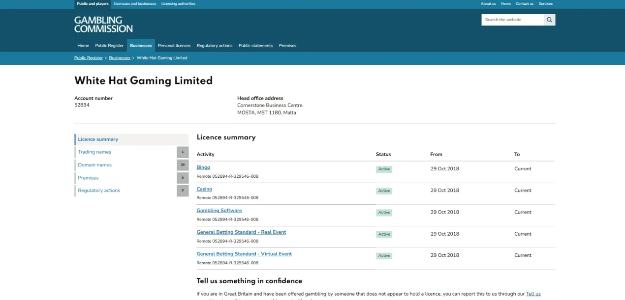 Current Gambling Commission register entry for White Hat Gaming Limited and its active remote casino licence