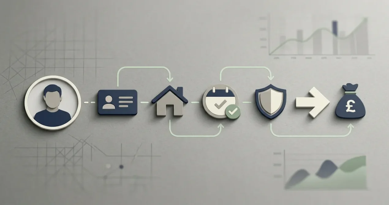 Neutral editorial illustration of identity verification linked to account status and withdrawal readiness