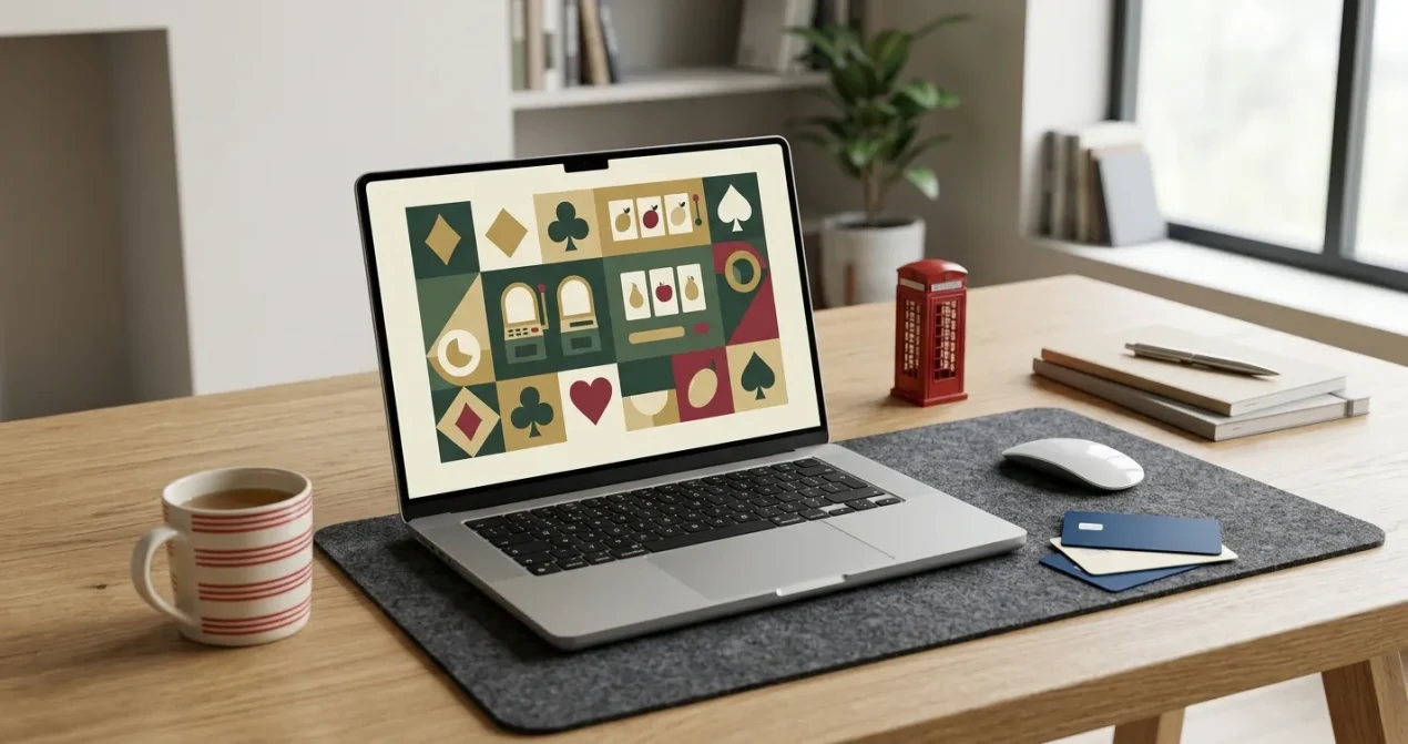 Editorial casino review workspace with British context and gaming motifs