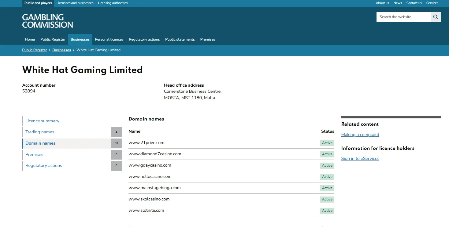 Gambling Commission register showing the active Skol Casino domain