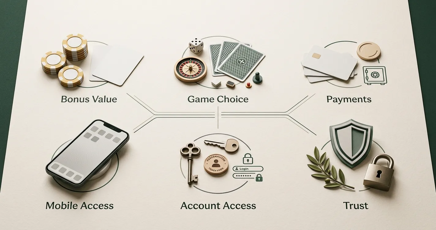 Editorial decision map for bonus, games, payments, mobile, account and trust checks
